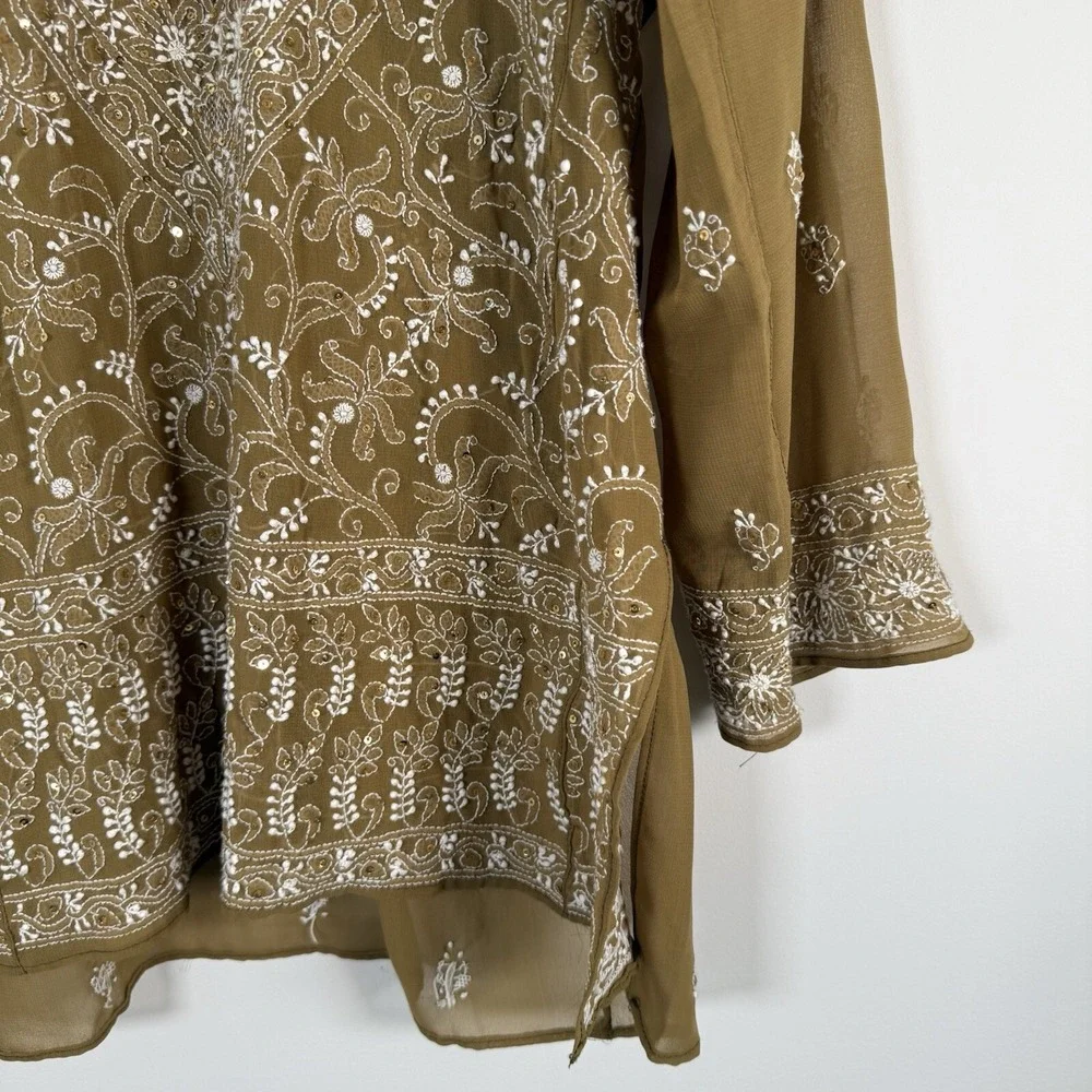 BOHO Semi Sheer Beaded Embroidered Print Pattern Sequin Popover Shirt Top Blouse